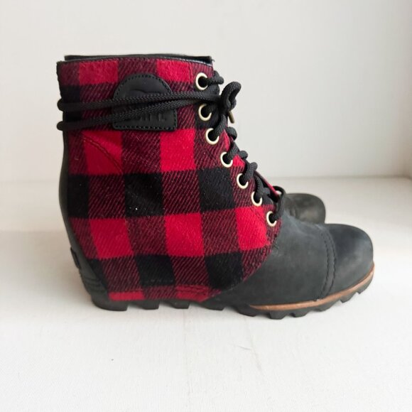 Sorel Buffalo Plaid Wool Leather Wedge Boots 9.5 - Picture 1 of 5